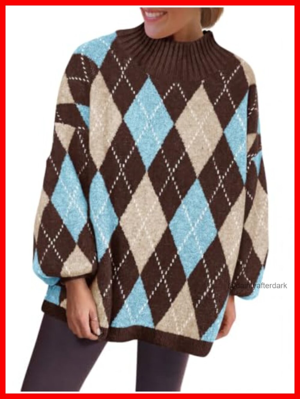 Chunky Knit Argyle Sweater Women Crewneck Lantern Sleeve Fall Winter Pullover